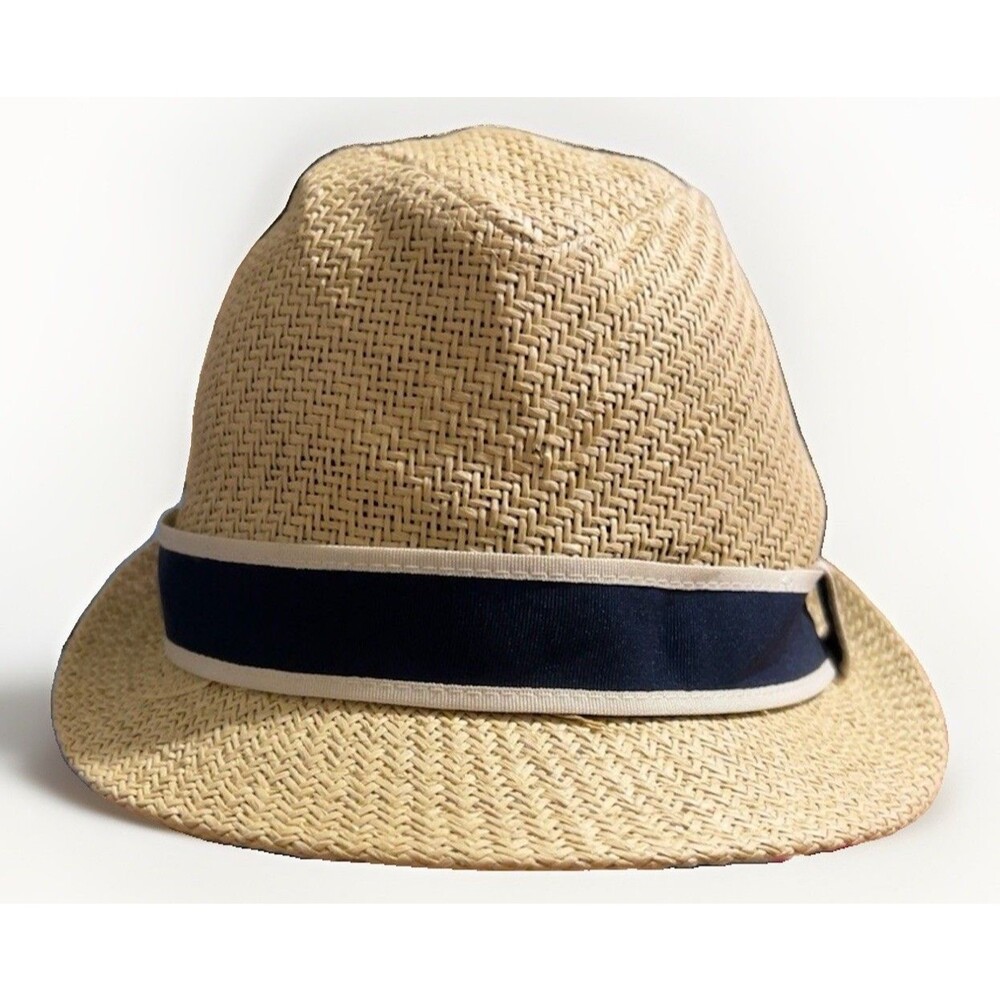 Goorin Bros Straw Trilby Fedora Hat S/M Tan Navy Ribbon Paper Straw Unisex